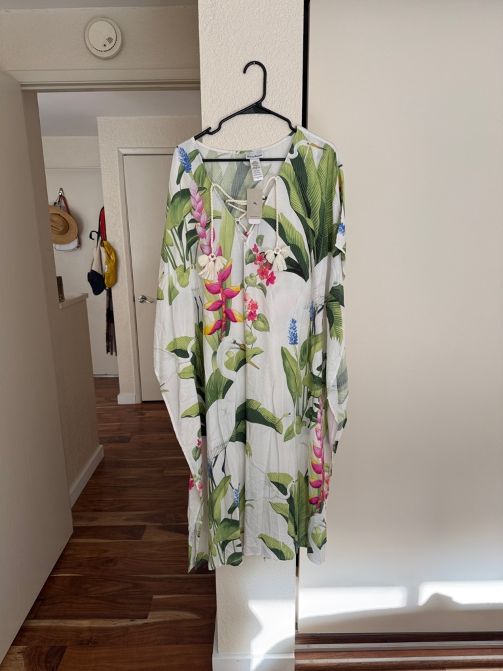 Tommy Bahama White Kaftan Tunic with Green Leaves & Pink Flowers
